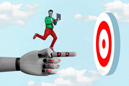 Creative photo 3d collage artwork of funny funny man office worker want reach success money high salary isolated on painting backgroundの写真素材