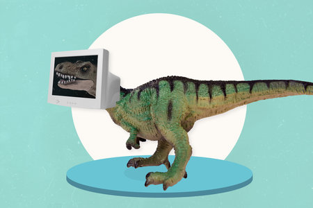 Exclusive magazine picture sketch image of scary t-rex wear head olschool monitor isolated painting backgroundの写真素材