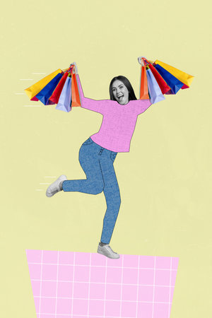 Creative photo 3d collage artwork of positive cheerful girl rejoice buy cool clothes low price hooray isolated on painting backgroundの写真素材
