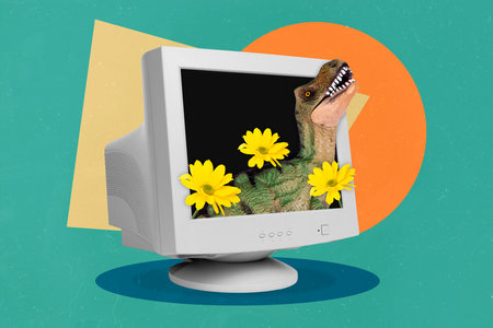 Collage 3d image of pinup pop retro sketch of scary dinosaur flowers inside oldshool monitor isolated painting backgroundの写真素材