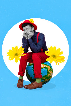 Artwork magazine picture of stressed depressed guy sitting mini planet isolated drawing backgroundの写真素材