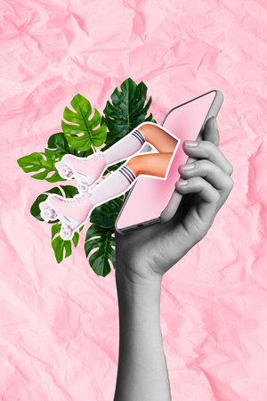 Vertical creative image of big arm black white colors hold telephone girl legs roller skates screen display green plantの写真素材