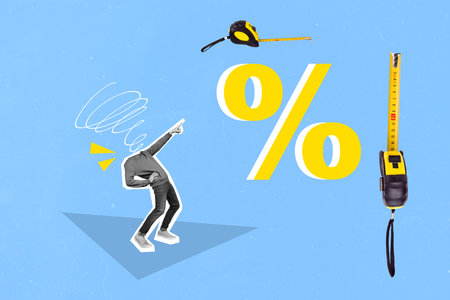 Creative collage photo illustration of headless guy doodle instead of head directing at roulette isolated on blue color backgroundの写真素材