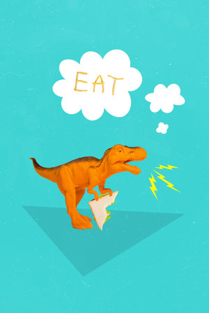Vertical creative photo collage of toy tyrannosaurus dinosaur dreaming of eat scream hold sandwich isolated on blue color backgroundの写真素材