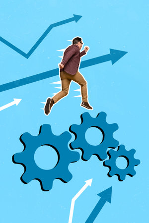 Vertical collage image of running business person painted configuration gear symbol arrow upwards...