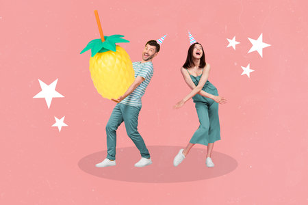 Artwork magazine picture of funny funky crazy lady guy having fun enjoying beverages isolated drawing backgroundの写真素材