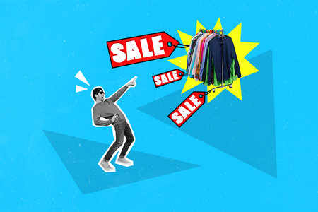 Creative collage photo illustration of black white funny man directing at clothes on sale discount...