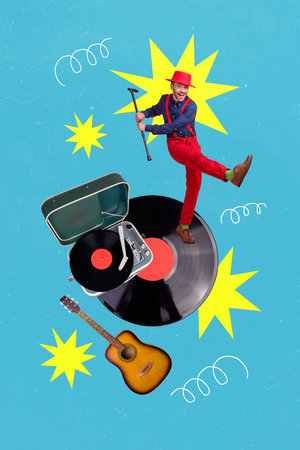 Vertical creative collage photo of positive funky guy dancing on vinyl record retro music event have fun isolated on blue color backgroundの写真素材