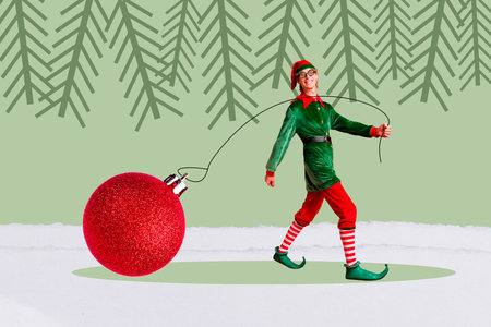 Poster banner collage of funny funky elf prepare festive christmas party carry big tree baubles on...