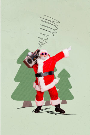 Invitation brochure collage of funny funky santa claus have fun christmas party in decoration painting woods backgroundの写真素材