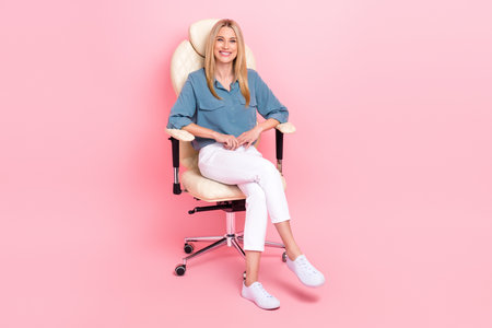 Full body size photo of successful confident woman sitting new office boss chair cute smiling relax...