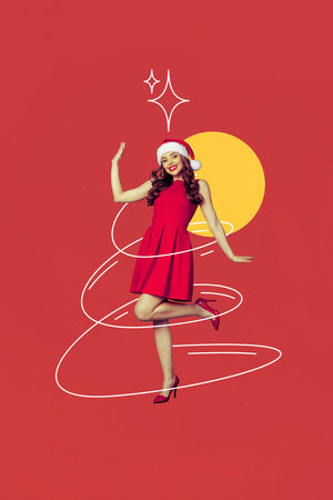 Collage photo of young cute attractive pretty santa girl wear dress nice headwear celebrate dancing christmas isolated on red color backgroundの写真素材