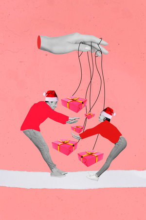 Invitation postcard collage of two people levitate try catch christmas bargains packages on pink...