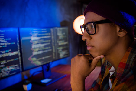 Profile close up portrait of minded clever cybersecurity expert hand touch chin hacking russian...