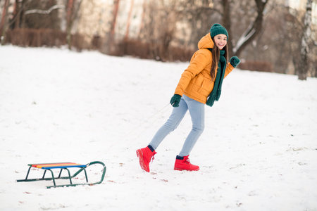 Full length body size view of attractive cheerful girl wearing warm clothes going carrying sledge tradition outdoorsの写真素材
