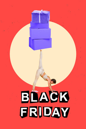 Vertical collage picture of sporty girl stretching leg hold big pile stack giftbox black friday deal isolated on creative backgroundの写真素材