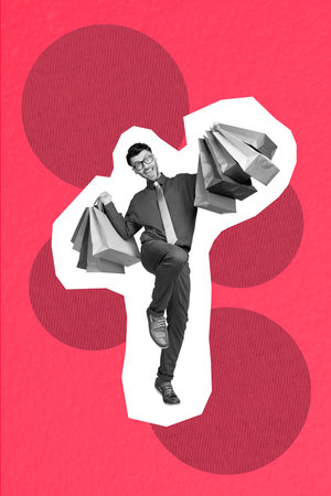 Collage photo of young worker guy wear formal costume hold packages celebrate weekend shopping cheap prices isolated on pink color backgroundの写真素材
