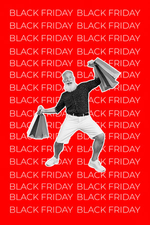 Collage photo poster of old aged senior man grey beard hold packages with new purchases cool clothes for low price isolated on red color backgroundの写真素材