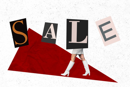 Composite collage image of creative sale letters girl legs walking special black friday offer isolated on drawing backgroundの写真素材