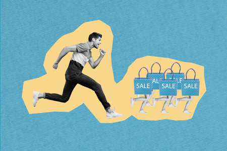Creative collage picture of excited guy black white effect running catch shopping bags human legs limited time only propositionの写真素材