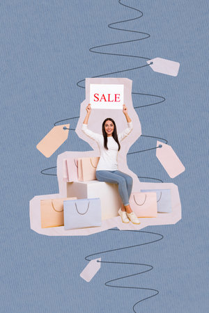 Vertical collage picture of astonished positive girl sit podium hands hold paper sale ad card limited time only offer isolated on drawing backgroundの写真素材