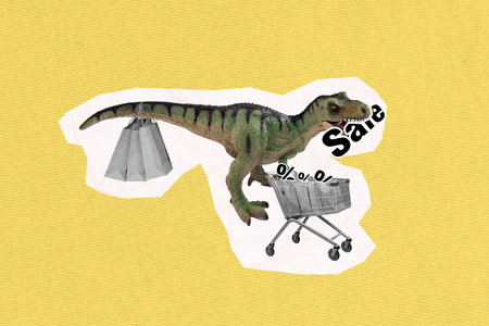 Composite collage picture of prehistoric dinosaur tail hold shopping bags push market trolley sale special offerの写真素材