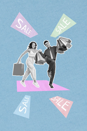 Collage photo of young couple together went shopping mall black friday holiday cheap price hold bargains isolated on blue color backgroundの写真素材
