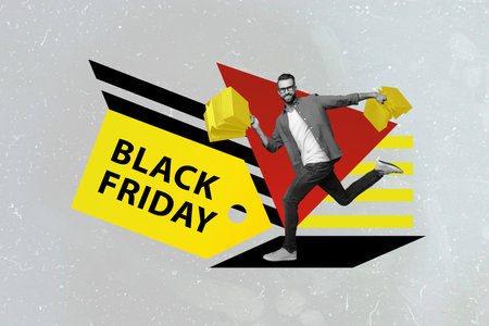 Collage photo of young student guy running get more discount proposition hold bargains black friday deal concept isolated on gray color backgroundの写真素材