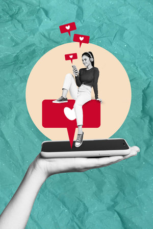Vertical creative photo illustration collage of nice young girl sit on like hand hold smartphone...