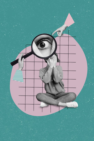 Photo sketch graphics artwork picture of scared afraid lady arms close face hands hold magnifier isolated drawing backgroundの写真素材