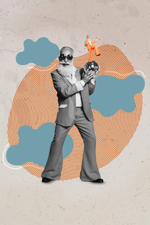 Creative photo 3d collage artwork of mature elegant eccentric glamour man hold discoball mini person figure isolated on painting backgroundの写真素材