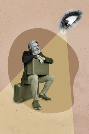 Vertical collage portrait of big human eye look spying aged person sit suitcase black white colors isolated on painted backgroundの写真素材