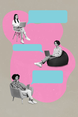 Vertical collage image of mini people black white colors use netbook chatting communicate isolated on creative painted backgroundの写真素材