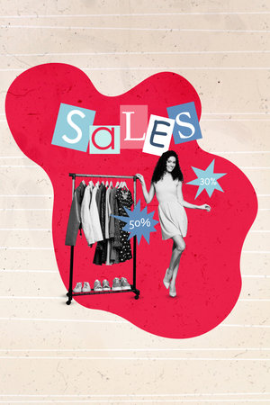 Vertical collage image of cheerful pretty girl black white colors clothes rack sale advert isolated on painted backgroundの写真素材
