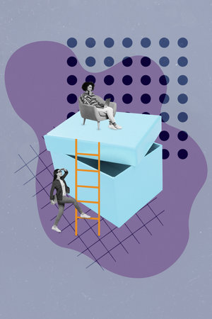 Vertical composite collage image of two mini people black white effect climb ladder huge opened box...