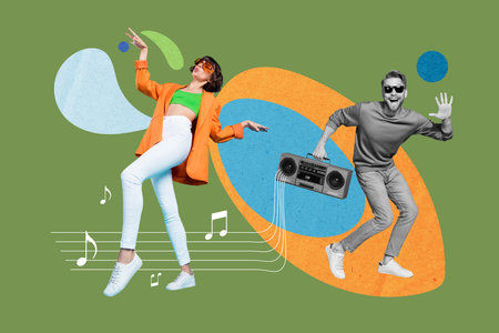 Creative abstract template graphics image of happy smiling lady guy having fun together listening...