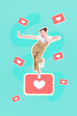 Photo cartoon comics sketch picture of cheerful positive lady having fun getting likes isolated drawing backgroundの写真素材