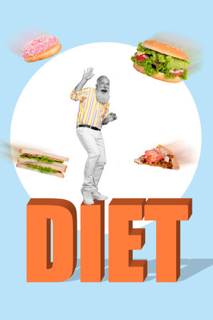 Creative photo 3d collage poster postcard artwork of senior man cant refuse bad food stand big word isolated on drawing backgroundの写真素材