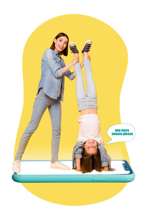 Creative photo 3d collage poster postcard artwork of young mother hold little girl legs pull addicted child isolated on drawing backgroundの写真素材