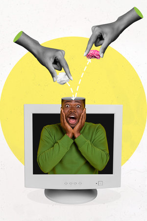 Creative photo 3d collage poster postcard artwork of afraid scared man person two arm take out brain isolated on drawing backgroundの写真素材
