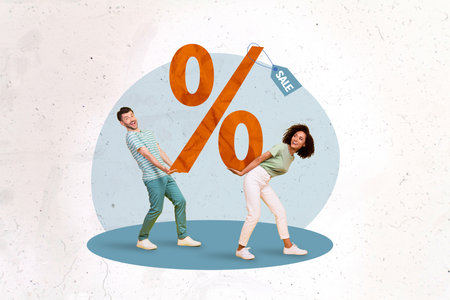 Banner magazine collage of two people holding big percent sign mega sale concept on painted...
