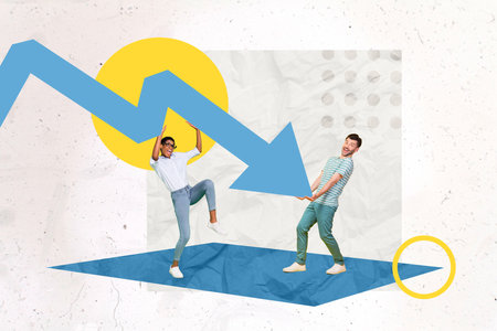 Picture advert collage of two people guy lady hold big blue arrow stop crisis financial failure on...