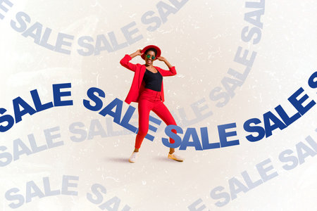 Creative photo 3d collage artwork poster of happy young stylish personage rejoice low price sale boutique isolated on painting backgroundの写真素材