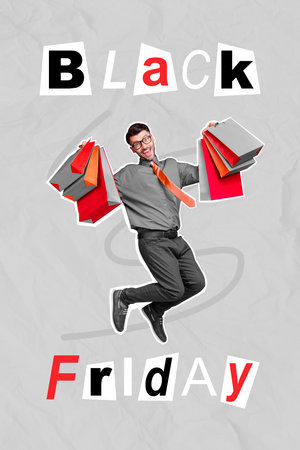 Creative photo 3d collage artwork poster of young funky man hold packs rejoice cool purchase isolated on painting backgroundの写真素材