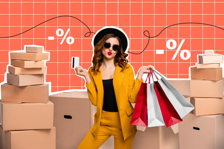 Creative photo 3d collage artwork poster of glamour stylish rich girl hold many packs total sale hot price isolated on painting backgroundの写真素材