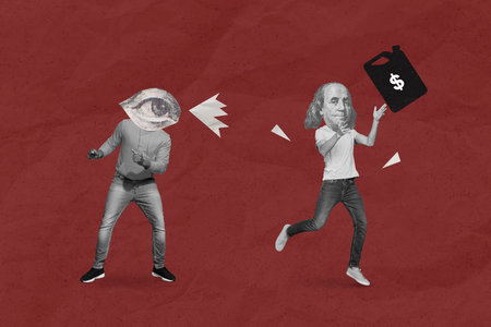 Creative photo 3d collage artwork poster postcard of two strange personages big eye look running boy...