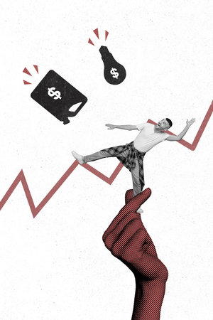 Collage photo of young excited businessman positive mood high price energy resources gas electricity graphic up isolated on white backgroundの写真素材