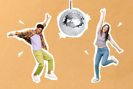 Collage photo of dancing couple friendship woman guy students celebrate nightclub weekend relax excited good mood discoball isolated on orange backgroundの写真素材