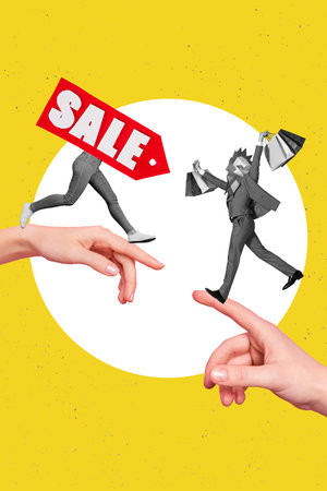 Vertical creative collage photo of happy positive headless man run for discount shopping on fingers isolated on yellow color backgroundの写真素材