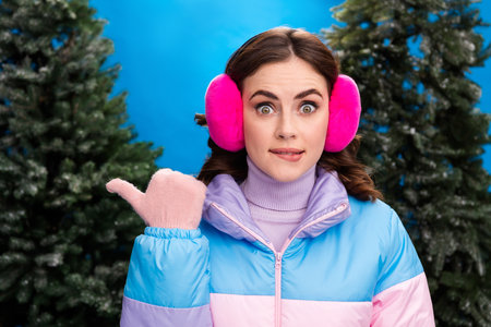 Close up photo of worried nervous lady hand direct empty space mistake guilty impressed price offer proposition walk street park outdoorの写真素材